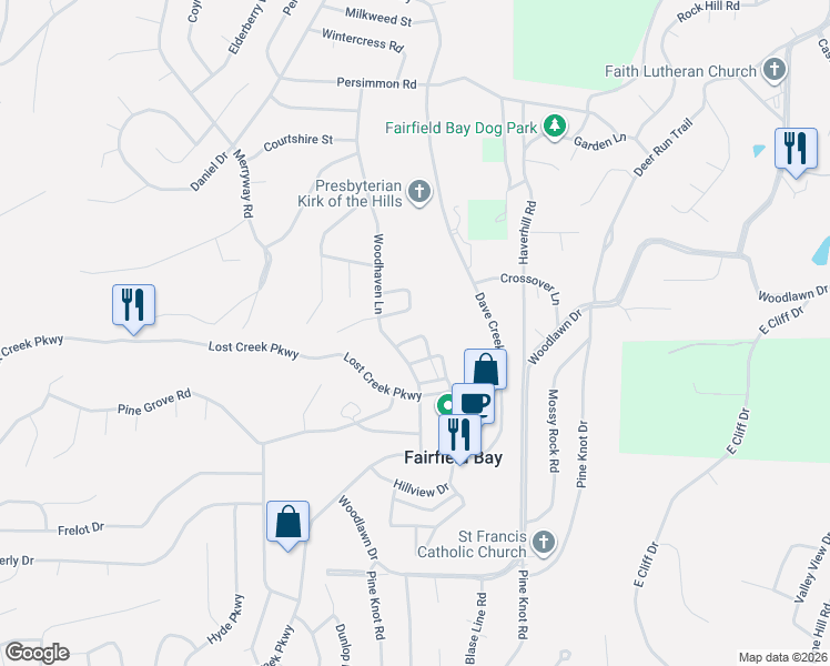 map of restaurants, bars, coffee shops, grocery stores, and more near 103 Shadow Ridge Loop in Fairfield Bay