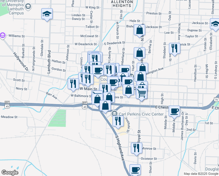 map of restaurants, bars, coffee shops, grocery stores, and more near 201 East Main Street in Jackson