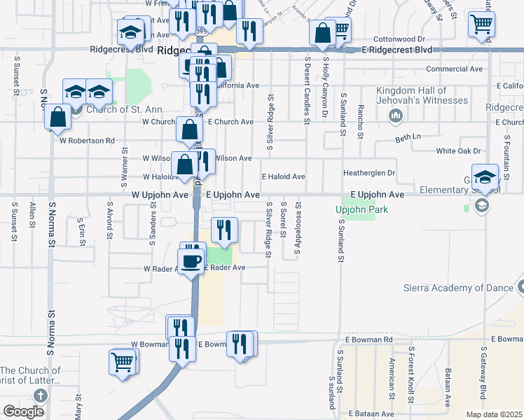 map of restaurants, bars, coffee shops, grocery stores, and more near 291 East Upjohn Avenue in Ridgecrest