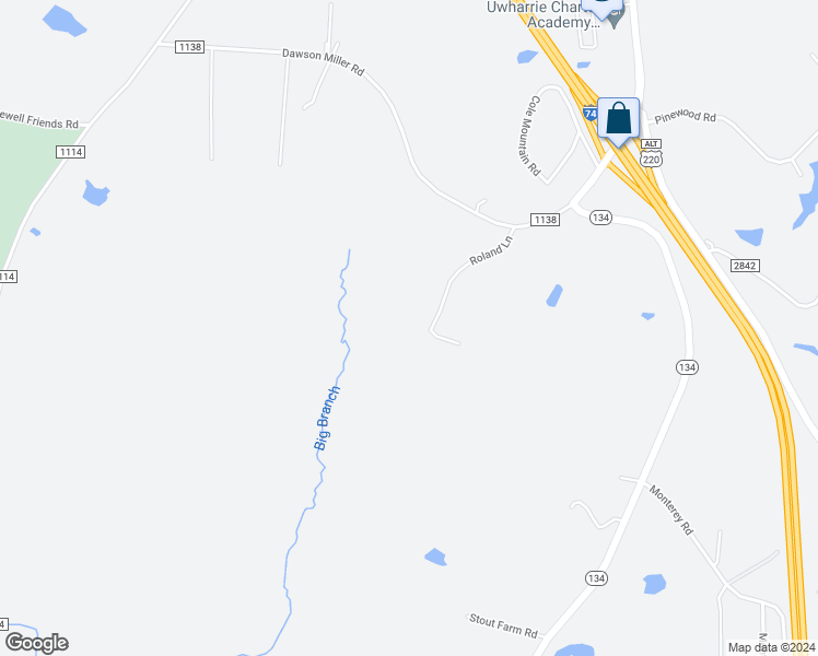 map of restaurants, bars, coffee shops, grocery stores, and more near 264 Roland Lane in Asheboro