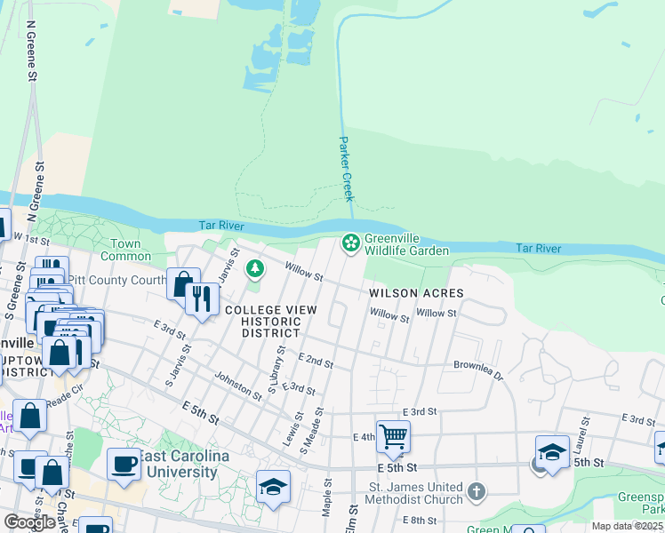 map of restaurants, bars, coffee shops, grocery stores, and more near 204 North Eastern Street in Greenville
