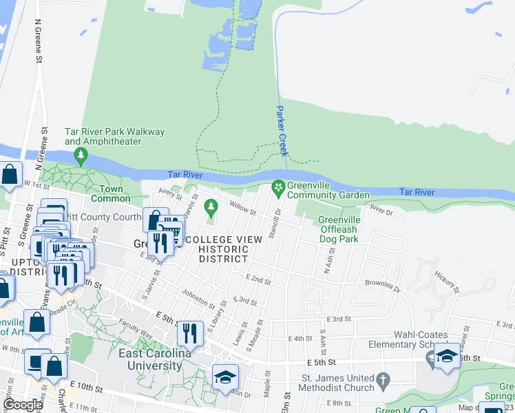 map of restaurants, bars, coffee shops, grocery stores, and more near 202 North Library Street in Greenville