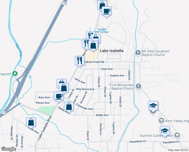 map of restaurants, bars, coffee shops, grocery stores, and more near 2840 Steensen Street in Lake Isabella