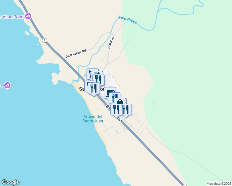 map of restaurants, bars, coffee shops, grocery stores, and more near 509 Casa Del Mar Drive in San Simeon
