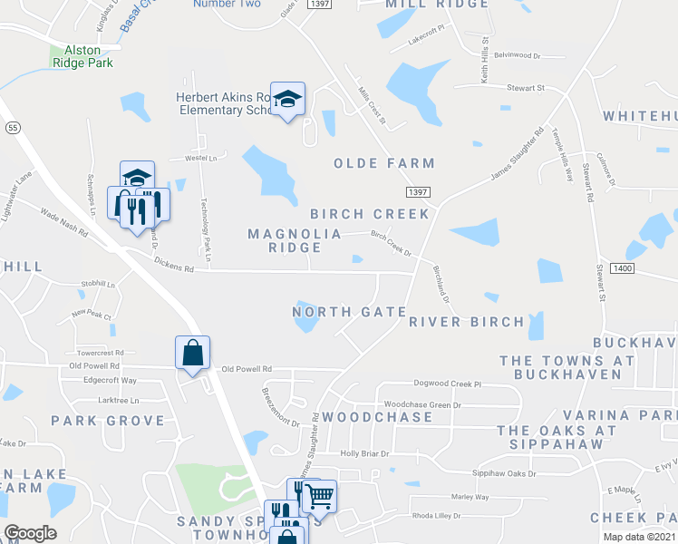 map of restaurants, bars, coffee shops, grocery stores, and more near 305 Dickens Road in Fuquay Varina