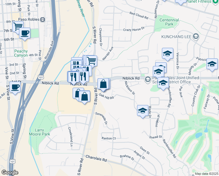 map of restaurants, bars, coffee shops, grocery stores, and more near 209 Oak Hill Road in Paso Robles