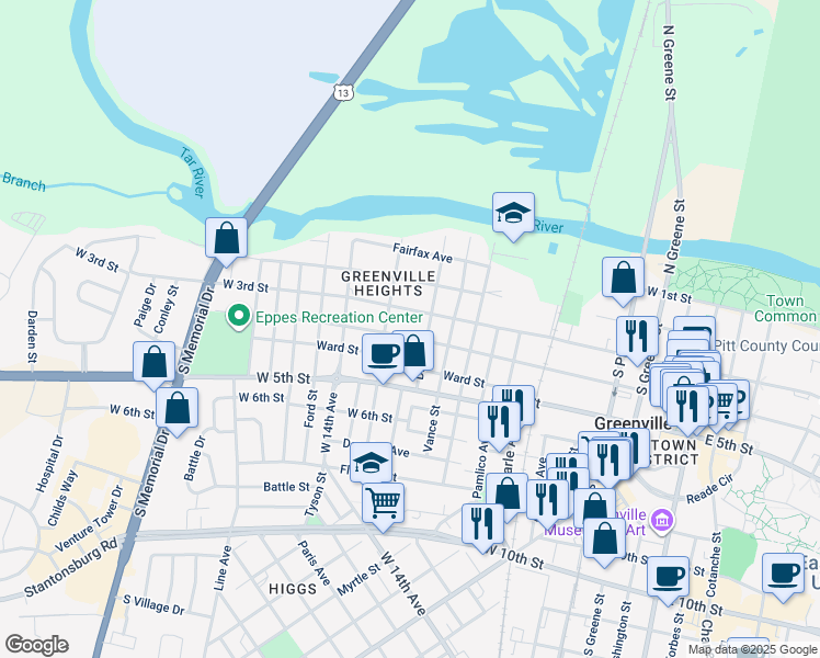 map of restaurants, bars, coffee shops, grocery stores, and more near 1006 West 4th Street in Greenville
