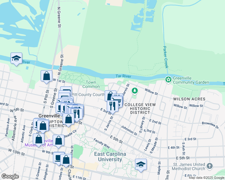 map of restaurants, bars, coffee shops, grocery stores, and more near 104 North Holly Street in Greenville