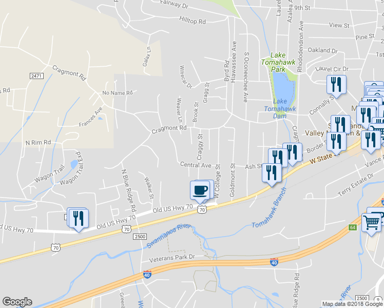 map of restaurants, bars, coffee shops, grocery stores, and more near 78 Locust Street in Black Mountain