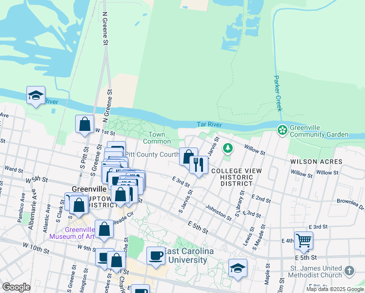 map of restaurants, bars, coffee shops, grocery stores, and more near 104 Baker Street in Greenville