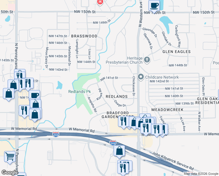 map of restaurants, bars, coffee shops, grocery stores, and more near 14108 Osage Drive in Edmond