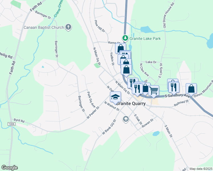 map of restaurants, bars, coffee shops, grocery stores, and more near 305 North Oak Street in China Grove