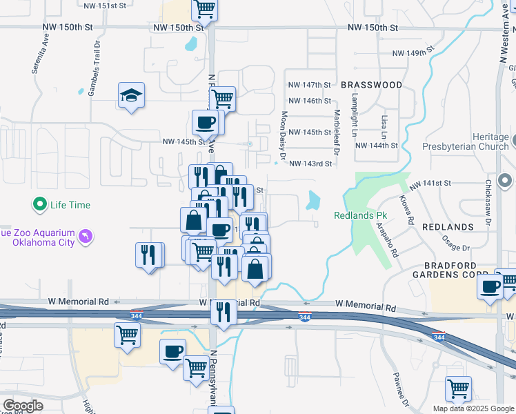 map of restaurants, bars, coffee shops, grocery stores, and more near 14201 North Kentucky Avenue in Oklahoma City