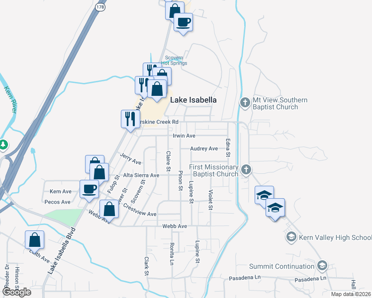 map of restaurants, bars, coffee shops, grocery stores, and more near 2832 Audrey Avenue in Lake Isabella