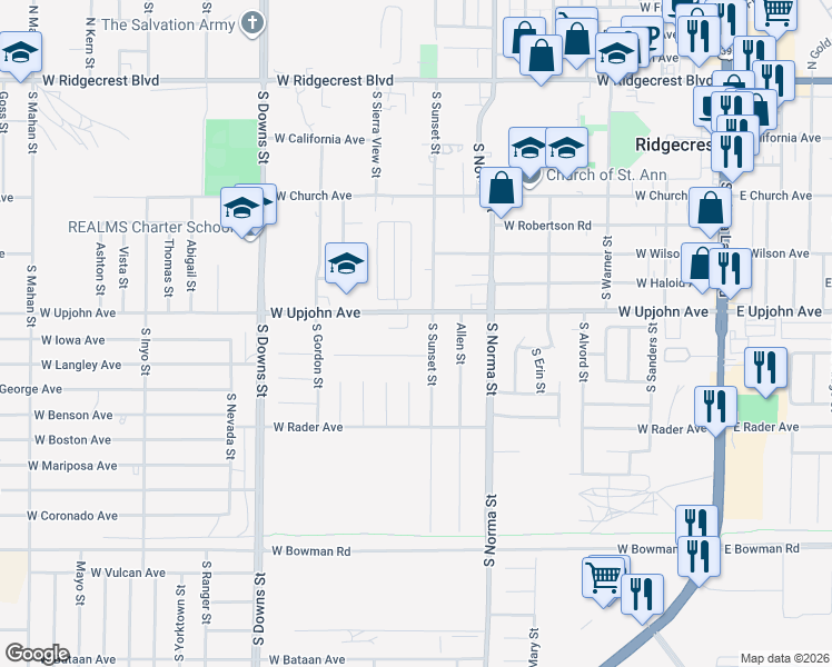map of restaurants, bars, coffee shops, grocery stores, and more near 619 Plumblossom Court in Ridgecrest