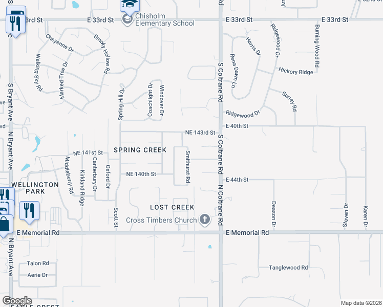 map of restaurants, bars, coffee shops, grocery stores, and more near 14205 Smithurst Road in Edmond
