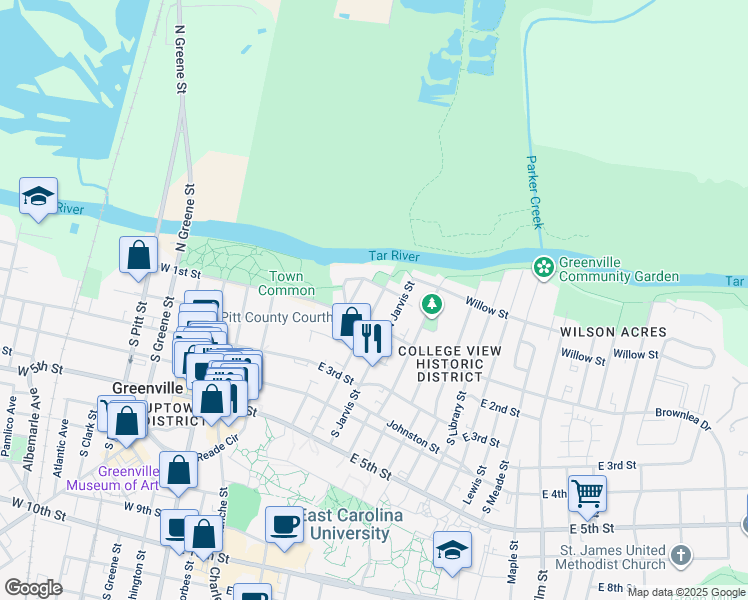 map of restaurants, bars, coffee shops, grocery stores, and more near 111 North Summit Street in Greenville
