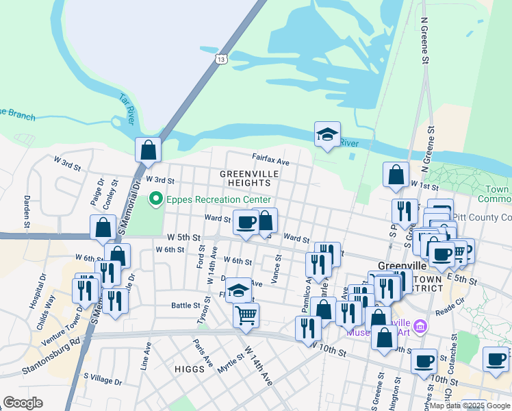 map of restaurants, bars, coffee shops, grocery stores, and more near 1012 West 4th Street in Greenville