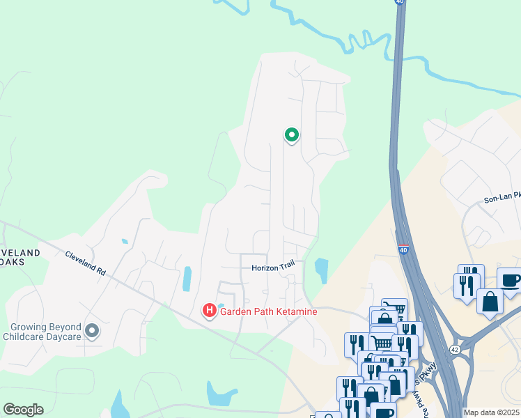 map of restaurants, bars, coffee shops, grocery stores, and more near 35 Pine Creek Court in Garner