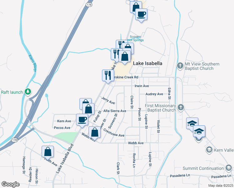 map of restaurants, bars, coffee shops, grocery stores, and more near 2843 Scovern St in Lake Isabella