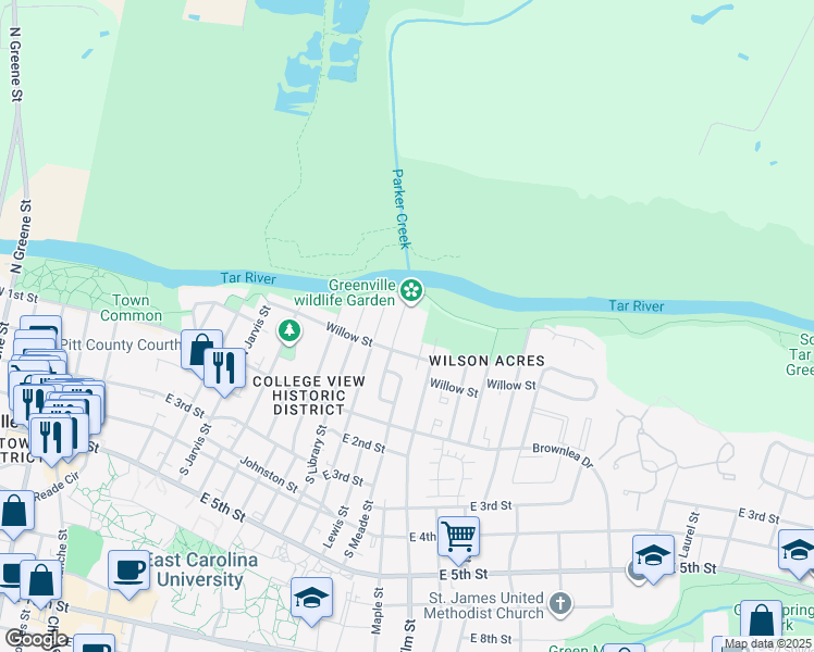 map of restaurants, bars, coffee shops, grocery stores, and more near 218 Stancill Drive in Greenville