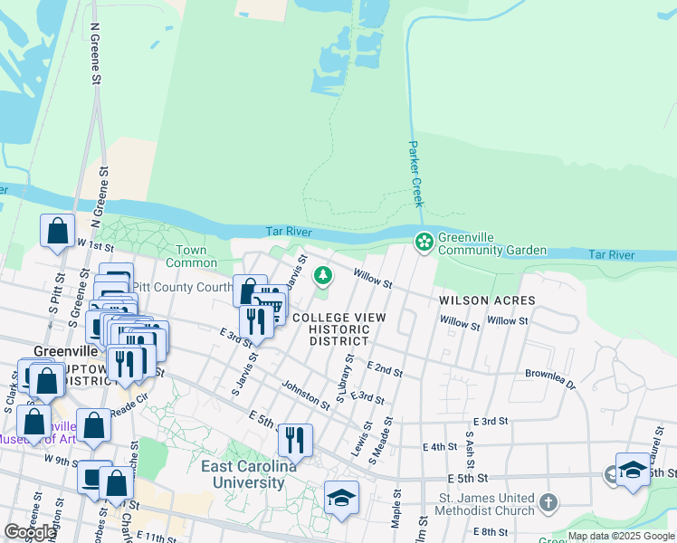 map of restaurants, bars, coffee shops, grocery stores, and more near 120 Park Drive in Greenville