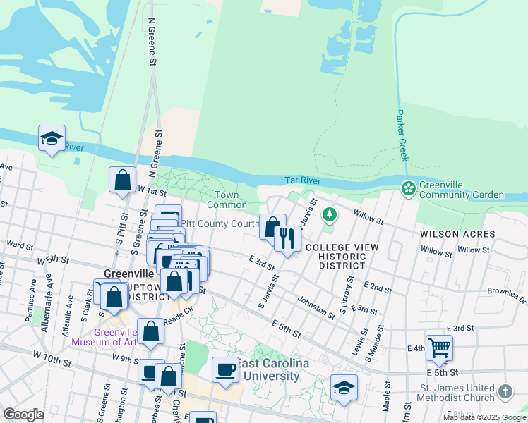map of restaurants, bars, coffee shops, grocery stores, and more near 104 Baker Street in Greenville