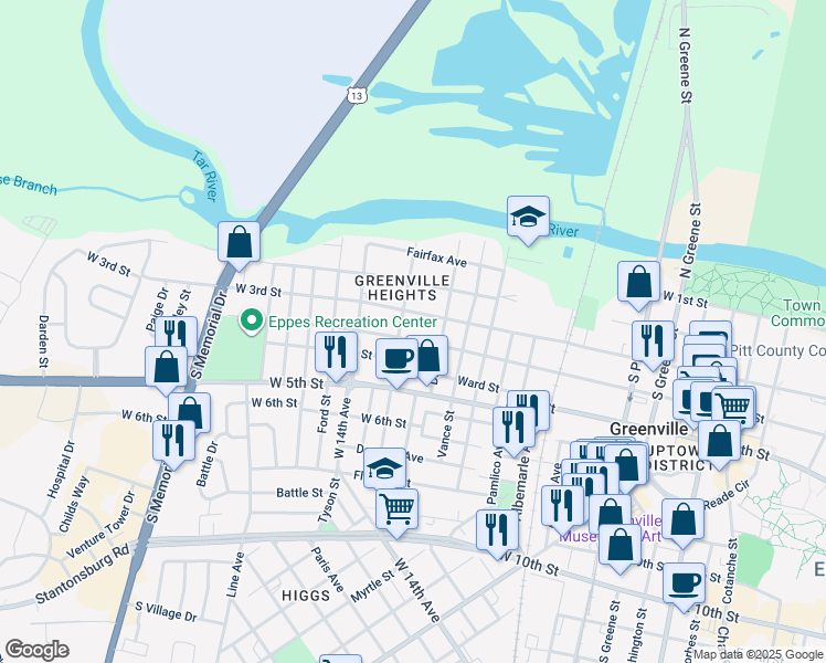 map of restaurants, bars, coffee shops, grocery stores, and more near 1012 West 4th Street in Greenville