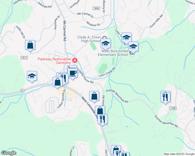 map of restaurants, bars, coffee shops, grocery stores, and more near 12 Creek View Drive in Asheville