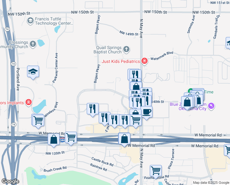 map of restaurants, bars, coffee shops, grocery stores, and more near Quail Springs Parkway in Oklahoma City