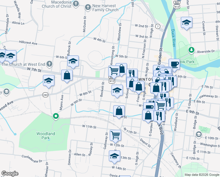 map of restaurants, bars, coffee shops, grocery stores, and more near 417 West 7th Street in Columbia
