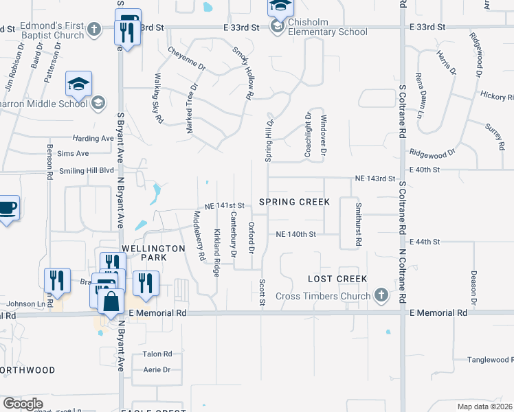map of restaurants, bars, coffee shops, grocery stores, and more near 14204 Oxford Drive in Edmond