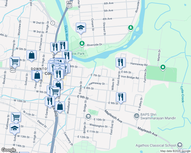 map of restaurants, bars, coffee shops, grocery stores, and more near 400 East 7th Street in Columbia