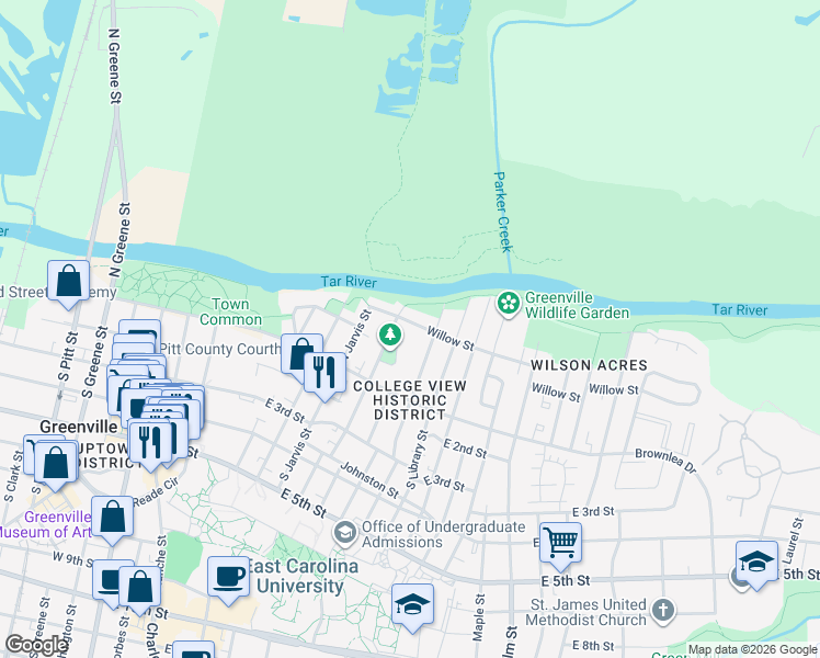 map of restaurants, bars, coffee shops, grocery stores, and more near 120 Park Drive in Greenville