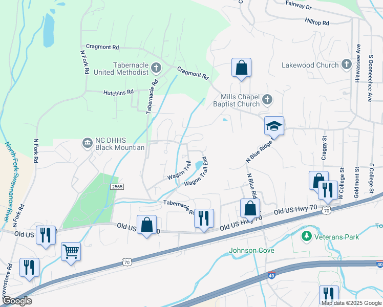 map of restaurants, bars, coffee shops, grocery stores, and more near 40 Wagon Trail in Black Mountain