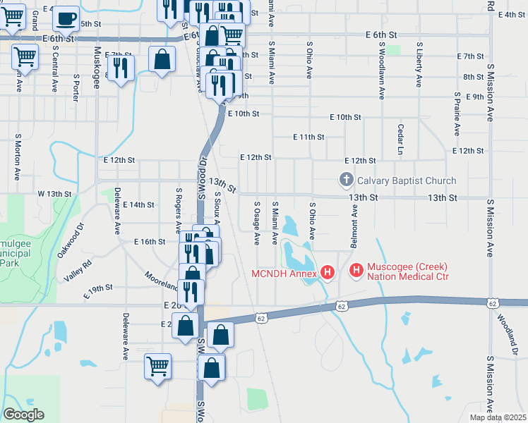 map of restaurants, bars, coffee shops, grocery stores, and more near 923 South Osage Avenue in Okmulgee