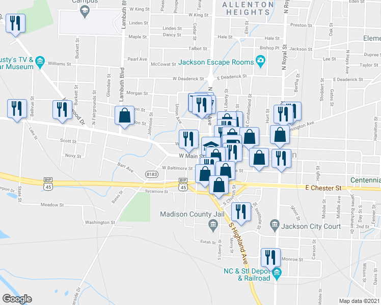 map of restaurants, bars, coffee shops, grocery stores, and more near 213 West Main Street in Jackson