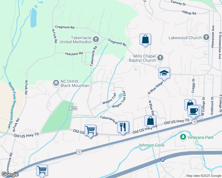 map of restaurants, bars, coffee shops, grocery stores, and more near 40 Wagon Trail in Black Mountain
