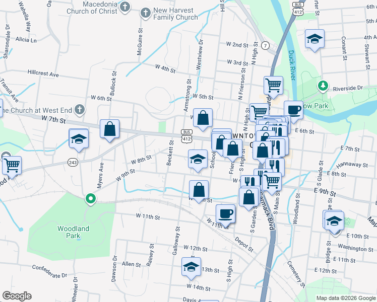 map of restaurants, bars, coffee shops, grocery stores, and more near 417 West 7th Street in Columbia