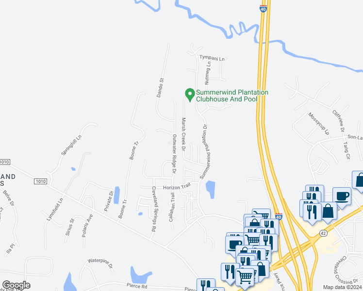 map of restaurants, bars, coffee shops, grocery stores, and more near 115 Marsh Creek Drive in Garner