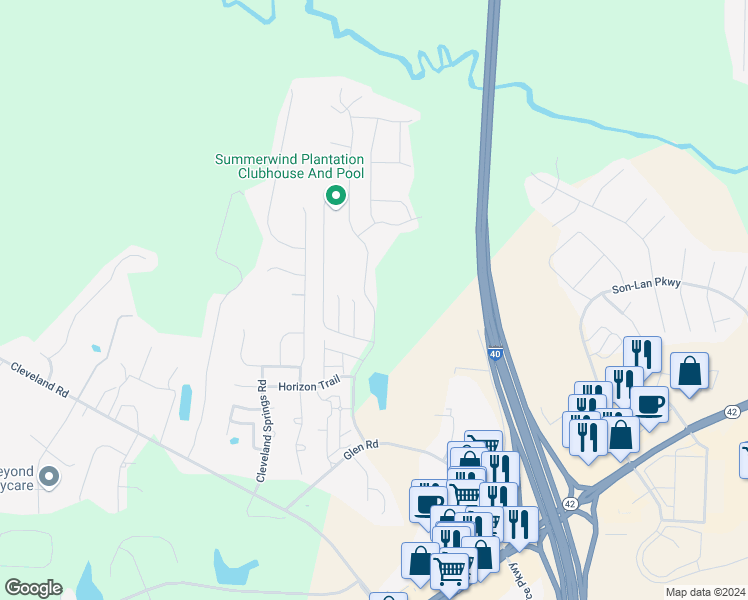 map of restaurants, bars, coffee shops, grocery stores, and more near 228 Summerwind Plantation Drive in Garner
