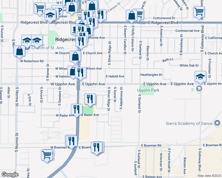 map of restaurants, bars, coffee shops, grocery stores, and more near 291 East Upjohn Avenue in Ridgecrest