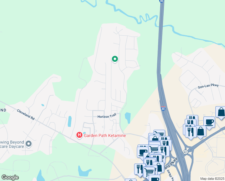 map of restaurants, bars, coffee shops, grocery stores, and more near 107 Marsh Creek Drive in Garner