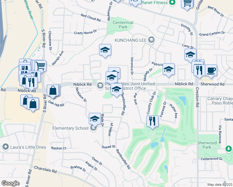 map of restaurants, bars, coffee shops, grocery stores, and more near 901 Moody Court in Paso Robles