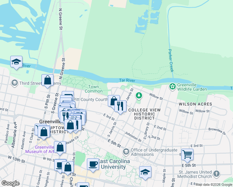 map of restaurants, bars, coffee shops, grocery stores, and more near 108 North Holly Street in Greenville
