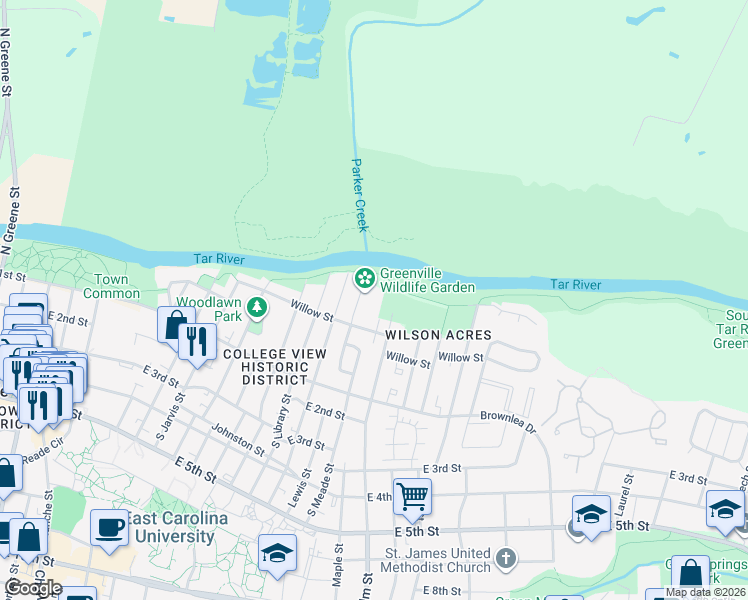 map of restaurants, bars, coffee shops, grocery stores, and more near 218 Stancill Drive in Greenville