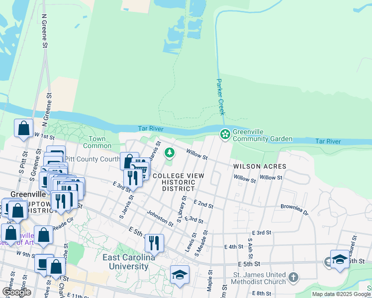 map of restaurants, bars, coffee shops, grocery stores, and more near 200 North Harding Street in Greenville