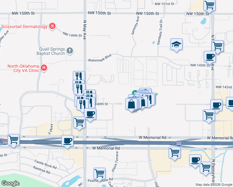 map of restaurants, bars, coffee shops, grocery stores, and more near 2737 Northwest 140th Street in Oklahoma City