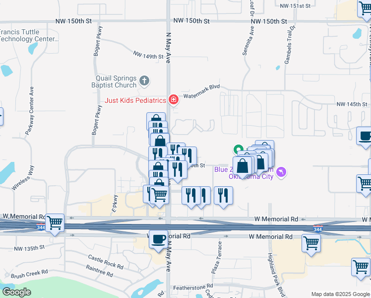 map of restaurants, bars, coffee shops, grocery stores, and more near 14200 North May Avenue in Oklahoma City