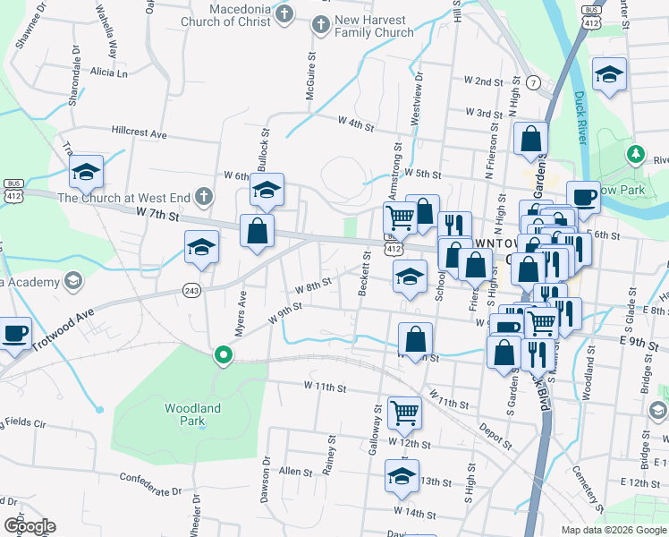 map of restaurants, bars, coffee shops, grocery stores, and more near 612 West 8th Street in Columbia